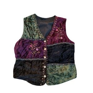 🌿 Patchwork Velvet Embroidered Button Vest | Boho Cottagecore Layering Top